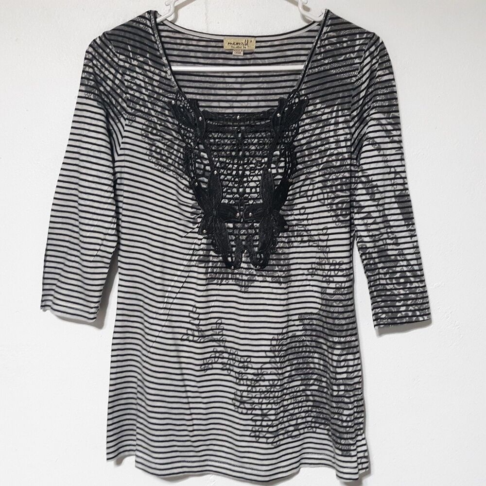 Oneworld Top S Boho Hippie Stretch Knit Sublimated Floral Tunic Shirt Blouse
